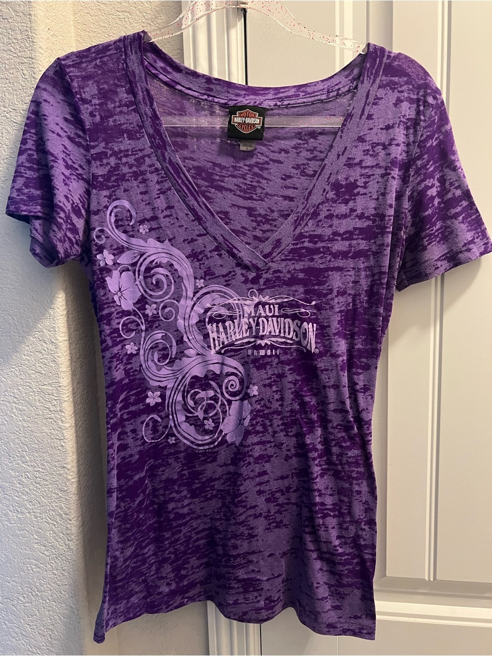 Harley-Davidson Purple Burnout V-Neck with Floral Swirl Graphic